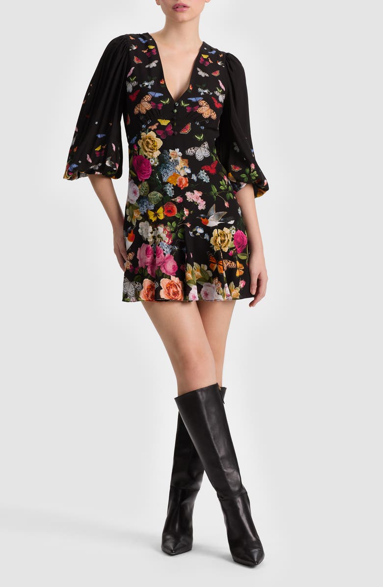 Alice + Olivia Irene Floral Long Sleeve Minidress, Main, color, Solar Strength Black