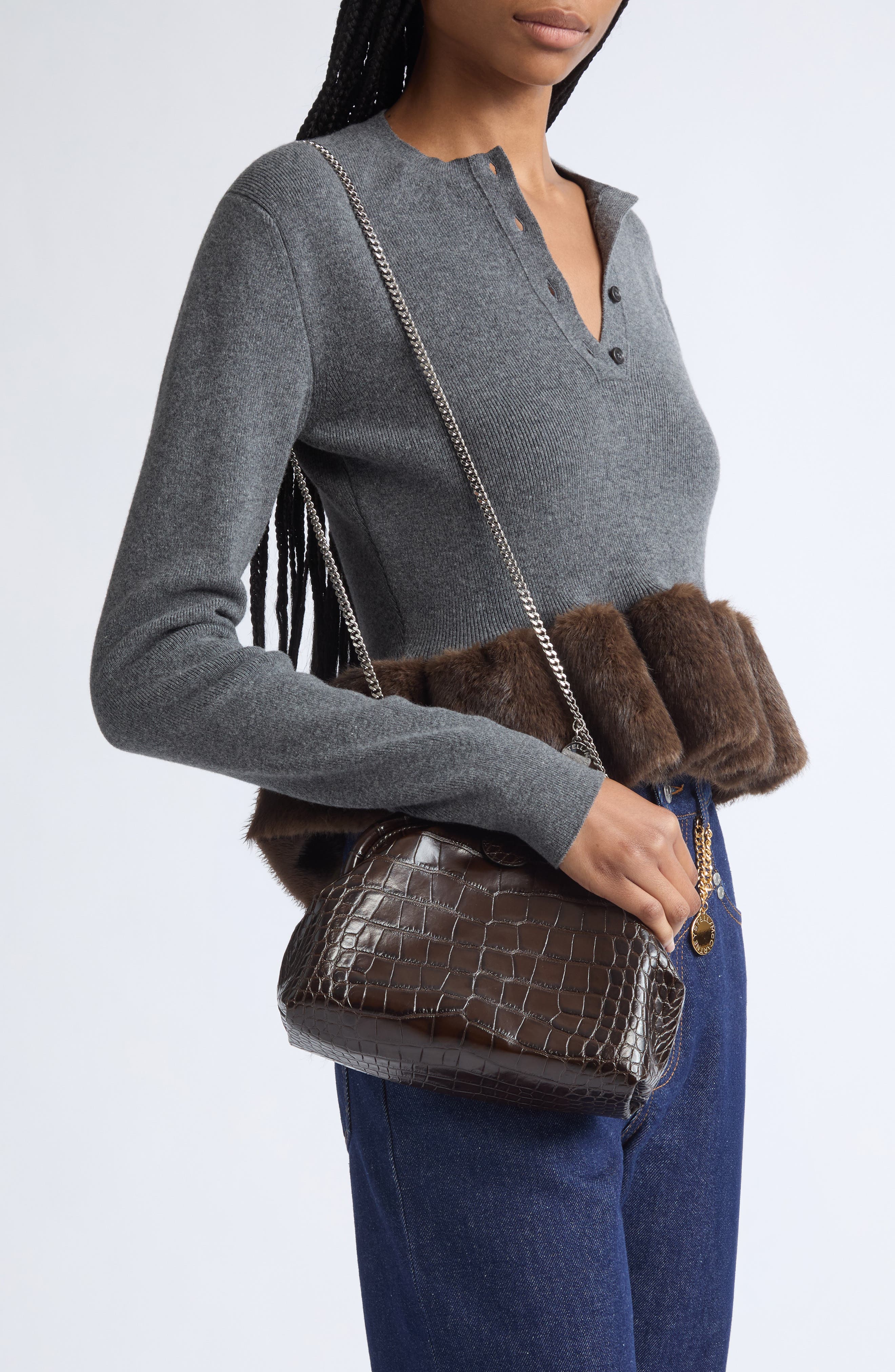 Falabella Croc Embossed Faux Leather Soft Clutch, Alternate, color, COFFEE