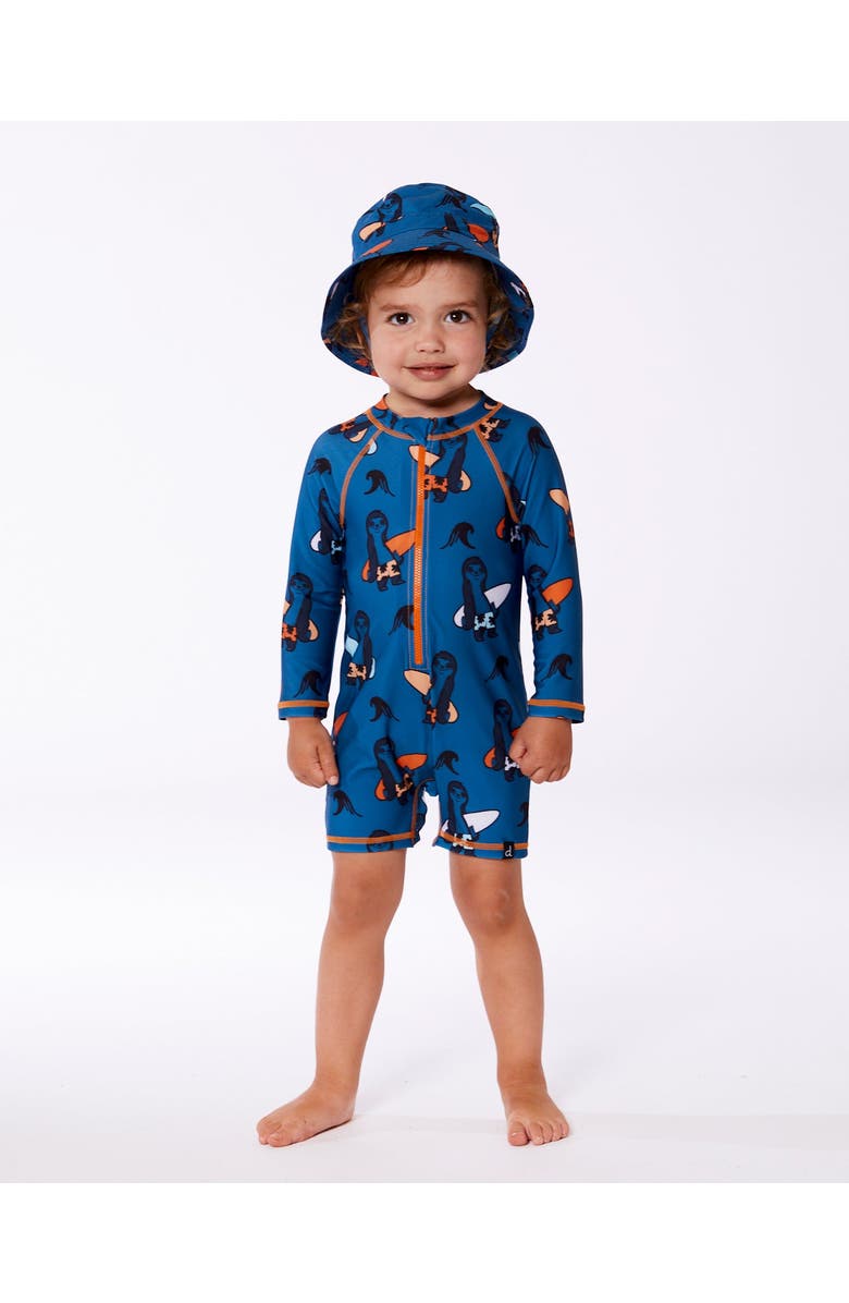 Deux par Deux Baby Boy's Printed Long Sleeve One-Piece Rashguard Orange Sloths On Navy Blue, Alternate, color, 