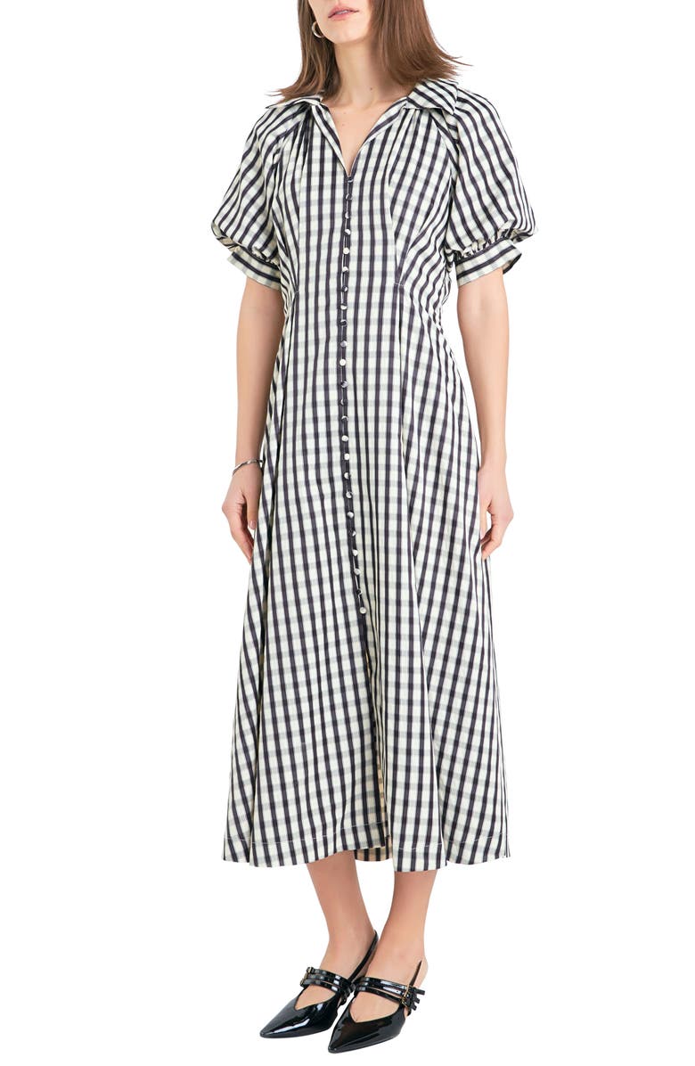 English Factory Gingham Puff Sleeve Midi Shirtdress, Alternate, color, Black Multi