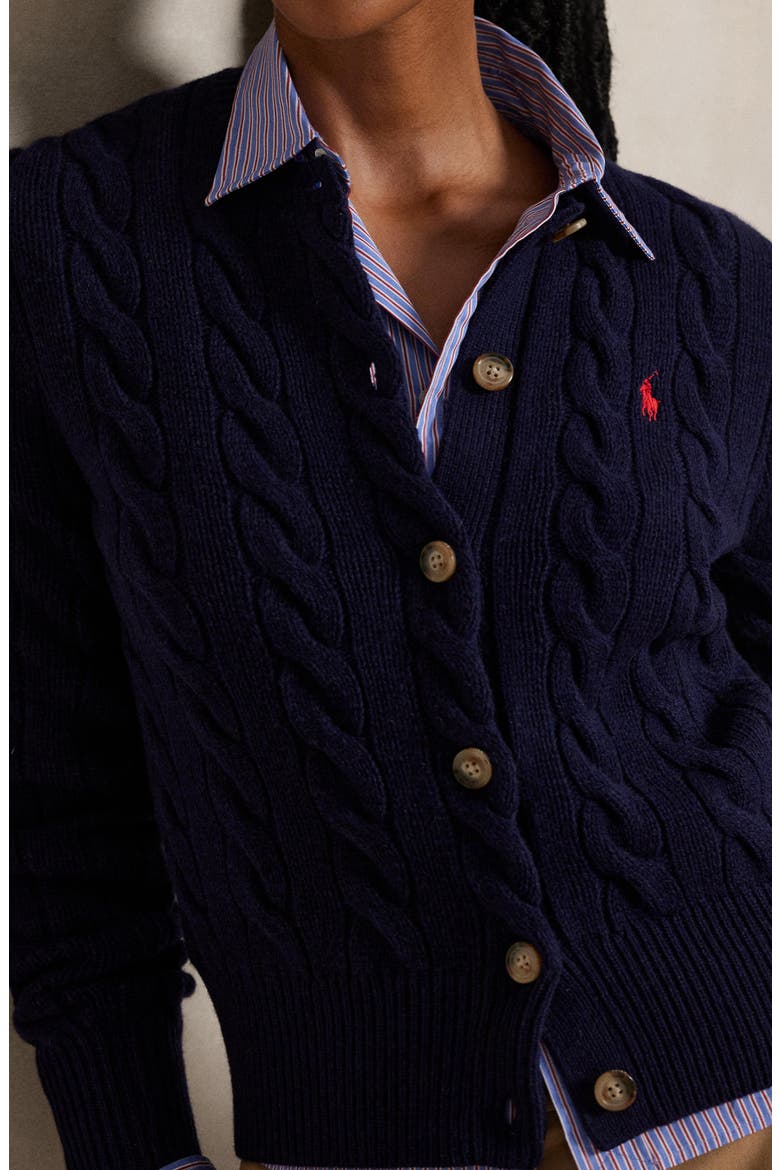 Cable Knit Wool & Cashmere Cardigan, Alternate, color, HUNTER NAVY