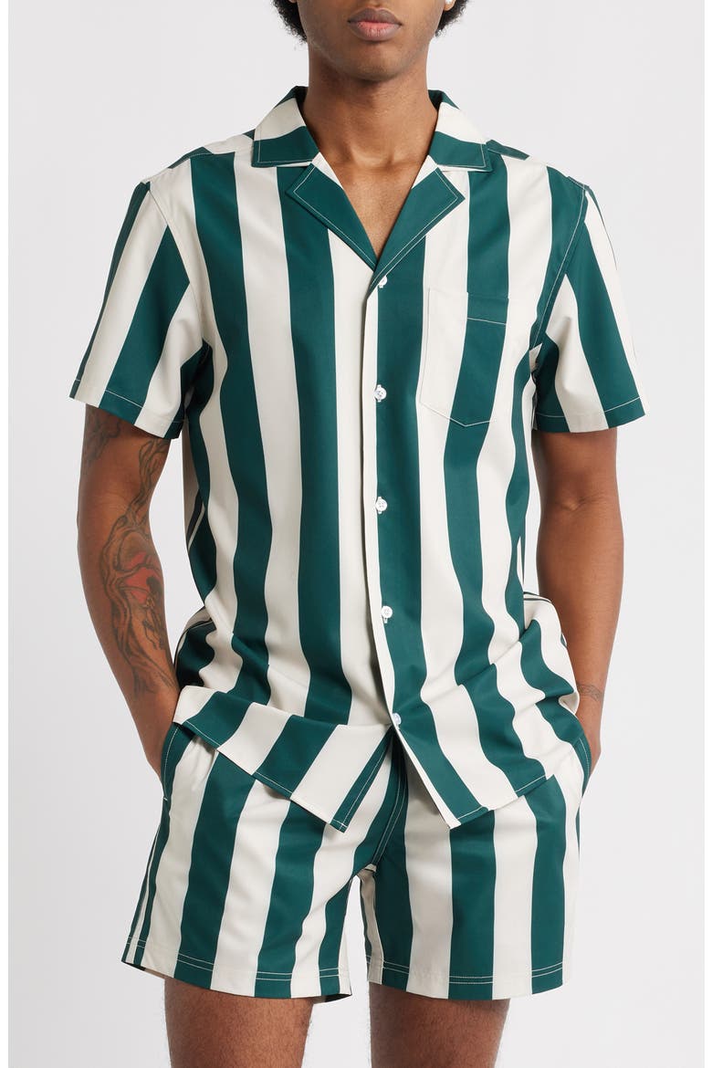 Emerald Heritage Week Stripe Short Sleeve Button-Up Shirt, Main, color, GREEN