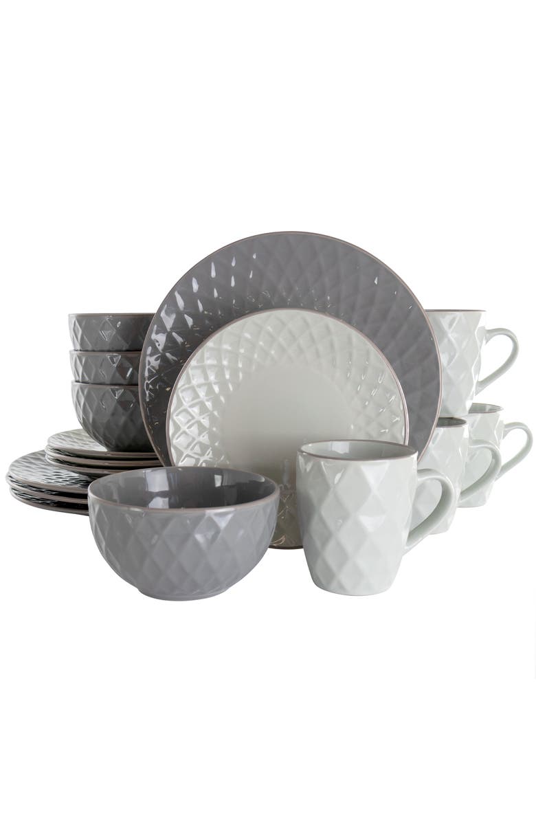 Elama Tahitian Diamond 16 Piece Stoneware Dinnerware Set, Main, color, White