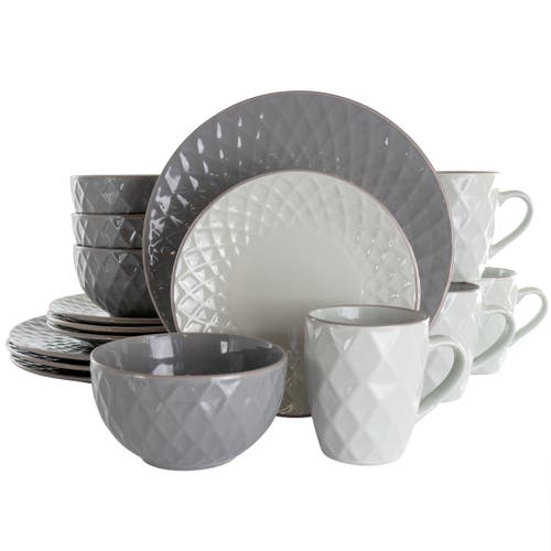 Elama Tahitian Diamond 16 Piece Stoneware Dinnerware Set In White