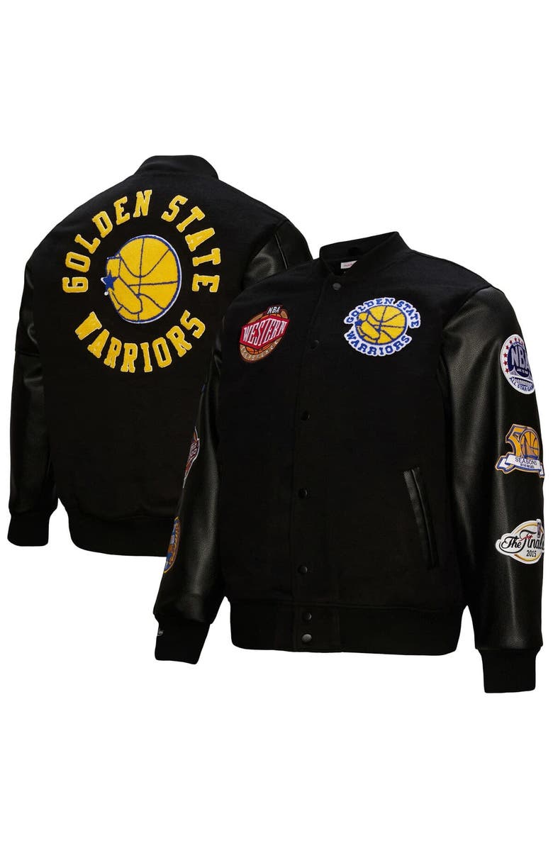 Mitchell & Ness Men's Mitchell & Ness  Black Golden State Warriors Hardwood Classics Blackout Collection Full-Snap Varsity Jacket, Main, color, 