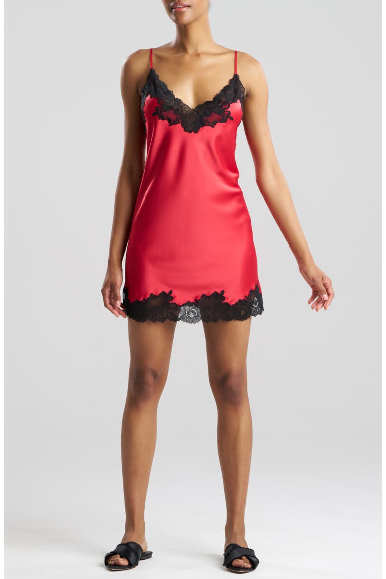 Peony Glamour Lace Trim Satin Chemise, Main, color, RED BLACK