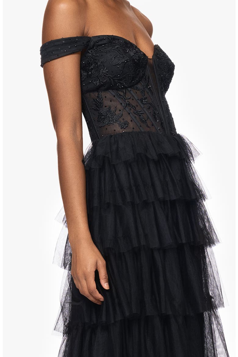 Tiered Ruffle Off the Shoulder Corset Gown, Alternate, color, BLACK