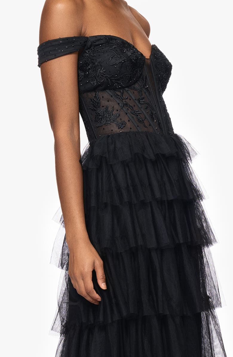 Blondie Nites Tiered Ruffle Off the Shoulder Corset Gown, Alternate, color, Black