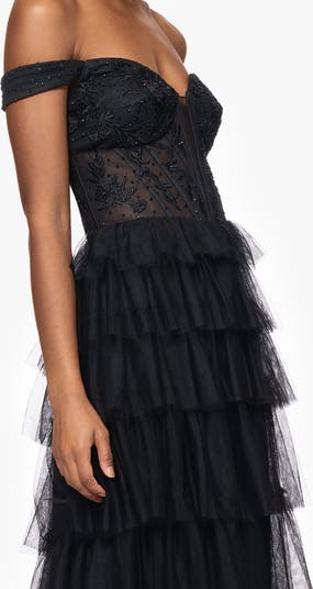 Tiered Ruffle Off the Shoulder Corset Gown