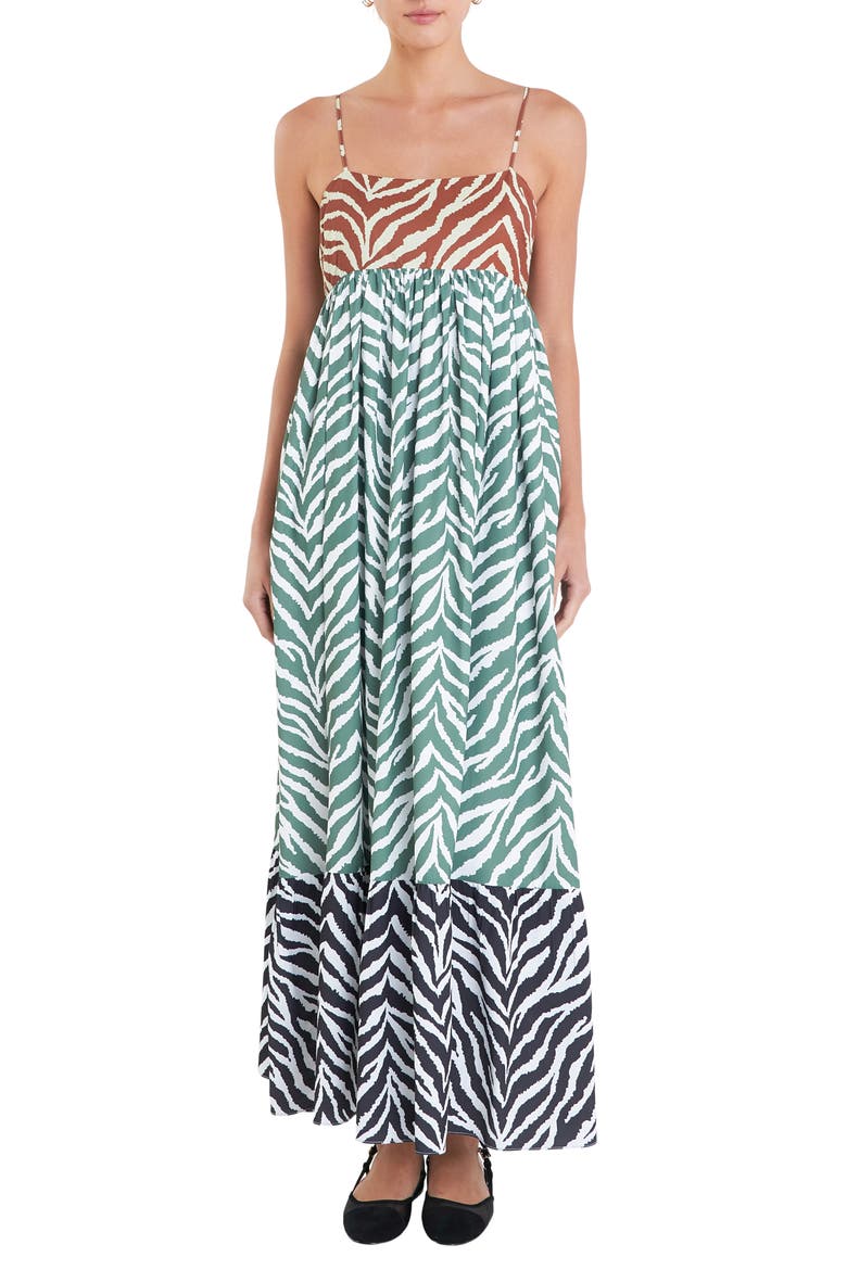 Colorblock Zebra Print Tiered Maxi Sundress, Main, color, BROWN MULTI