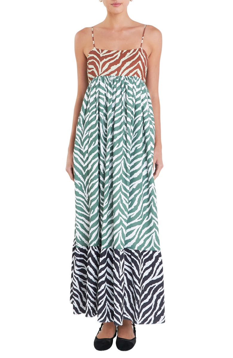 English Factory Colorblock Zebra Print Tiered Maxi Sundress, Main, color, Brown Multi