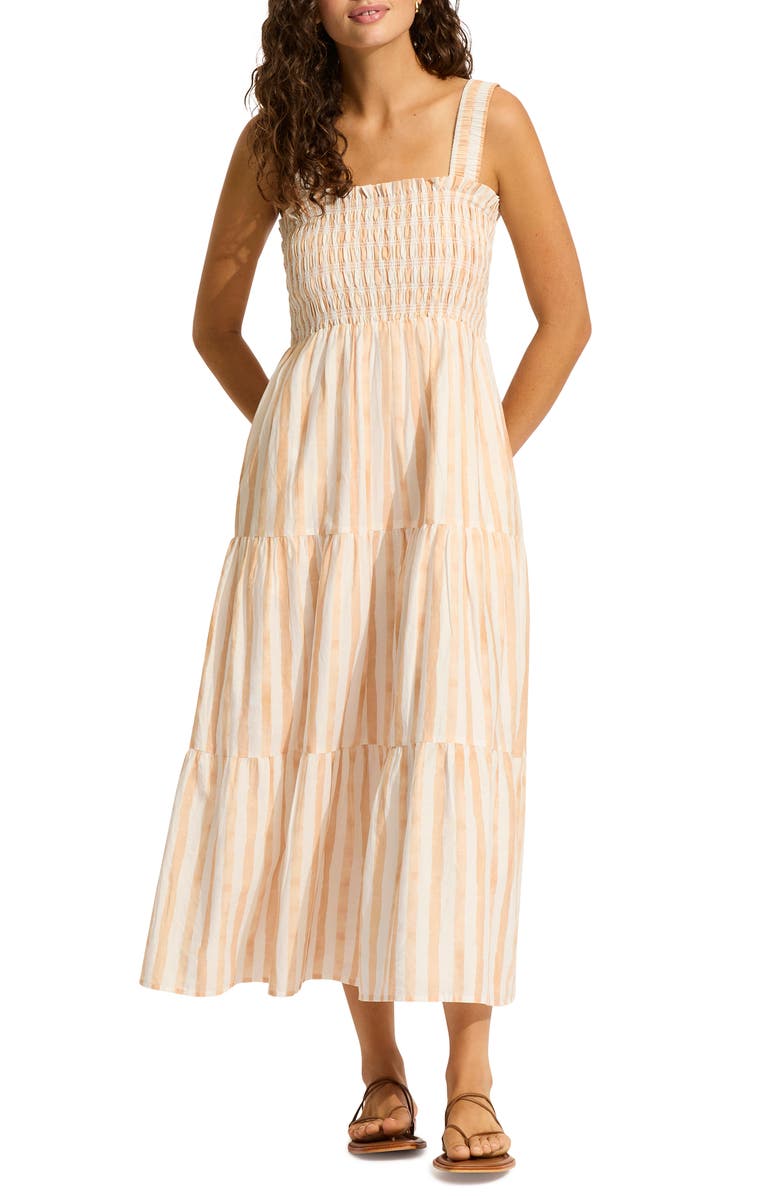 Seafolly Isla Palm Tiered Organic Cotton Cover-Up Dress, Main, color, Ecru