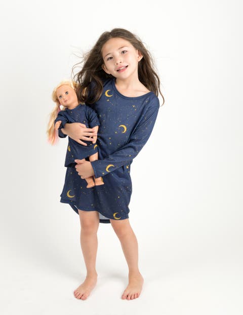Girls Long Sleeve Nightgown with Matching Doll Nightgown, Printed Design