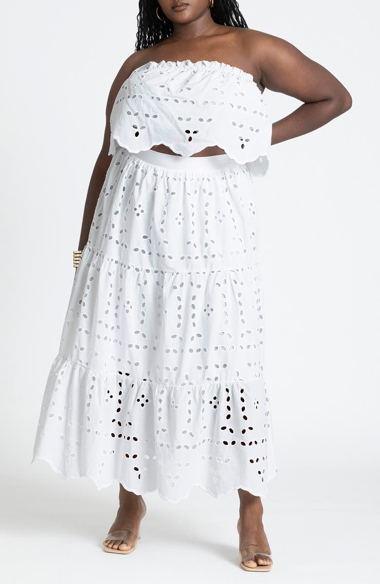 ELOQUII Embroidered Eyelet Tiered Midi Skirt, Alternate, color, 