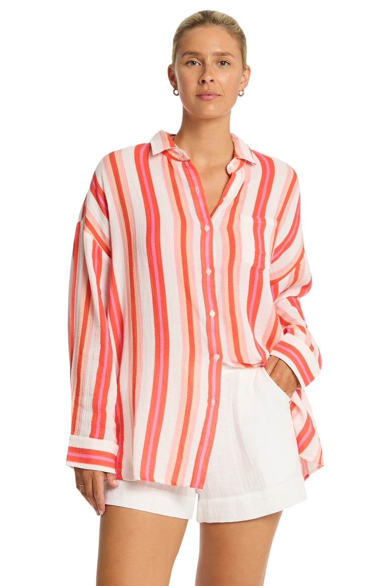 West Coast Beach Stripe Cover-Up Shirt, Alternate, color, CORAL