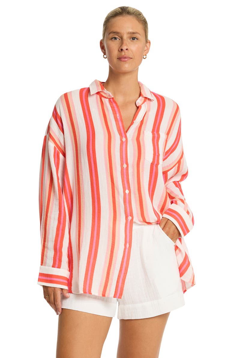 Sea Level West Coast Beach Stripe Cover-Up Shirt, Alternate, color, Coral