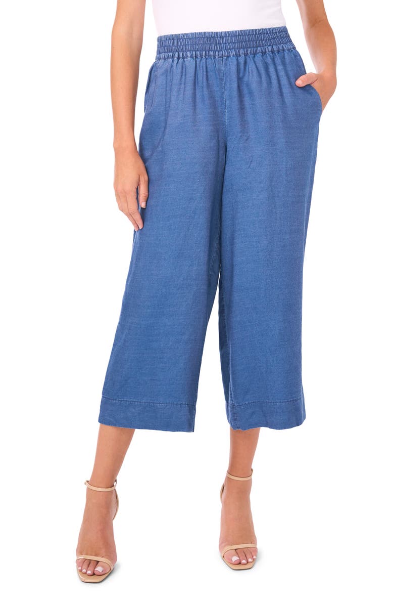 Vince Camuto Smocked Waist Crop Wide Leg Pants, Main, color, Chambray Blue
