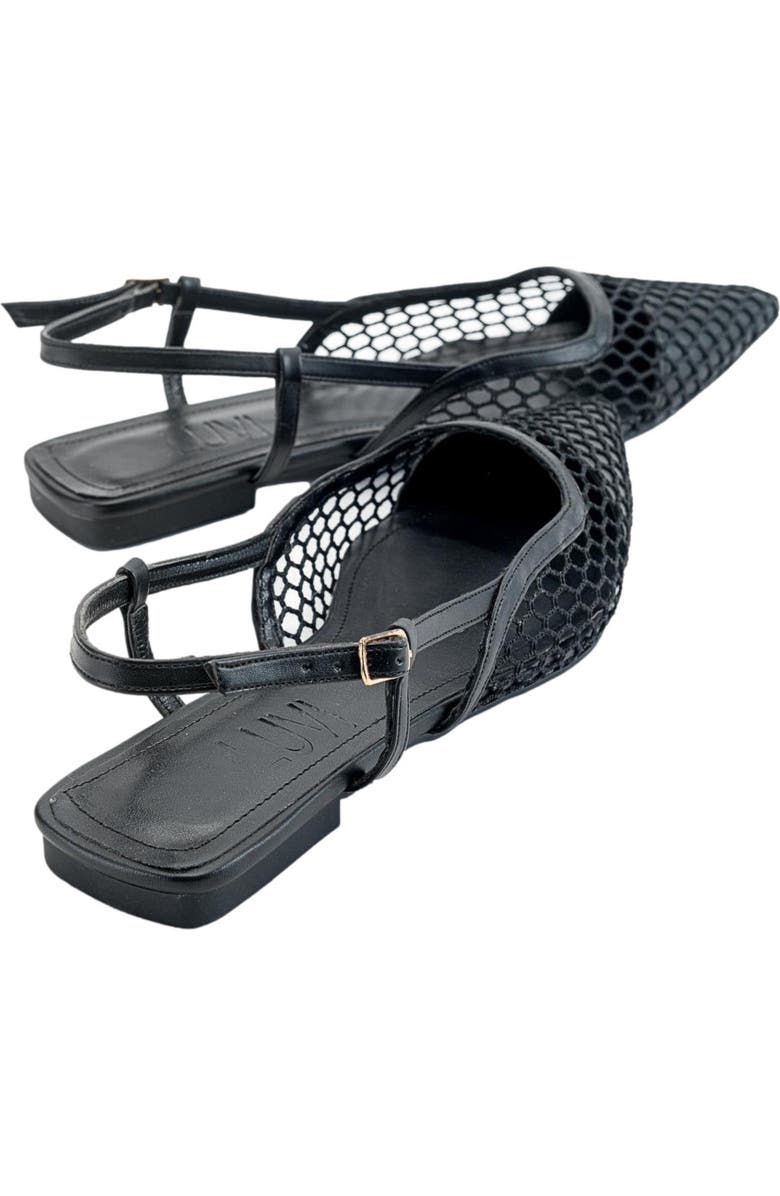 Prologue Shoes Brace Blue Mesh Flat Sandal, Alternate, color, Black Faux Leather