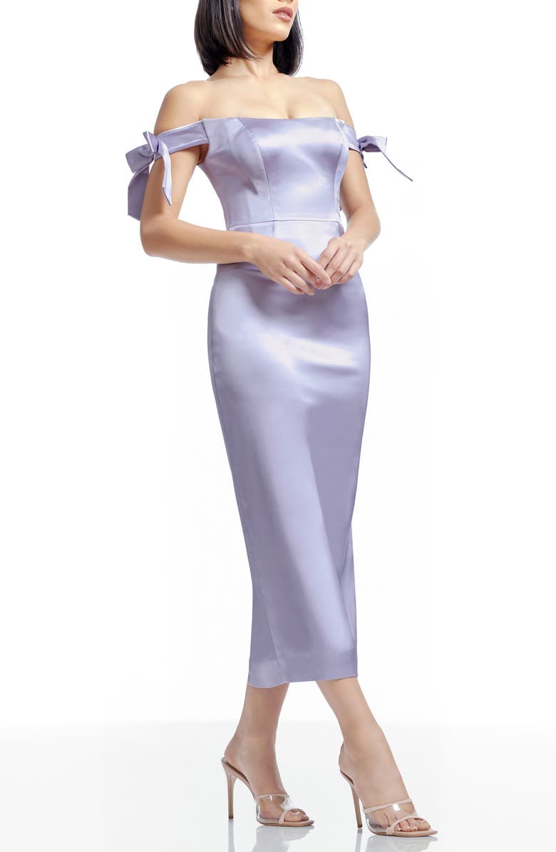 Dress the Population Verona Off the Shoulder Satin Midi Cocktail Dress, Alternate, color, Dusty Lavender