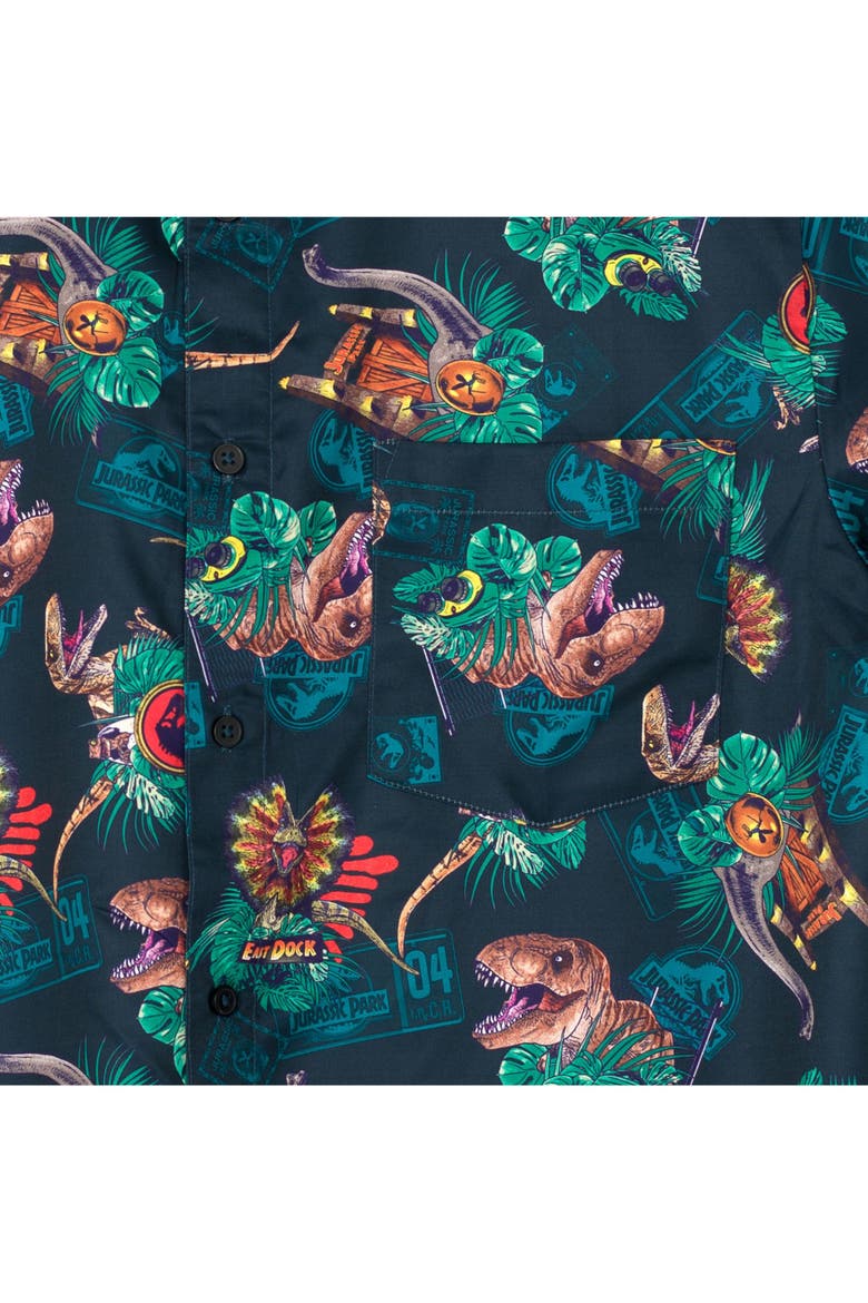 Jurassic Park T-Rex Hawaiian Short Sleeve Button Down Shirt, Alternate, color, Navy Dino Tropical