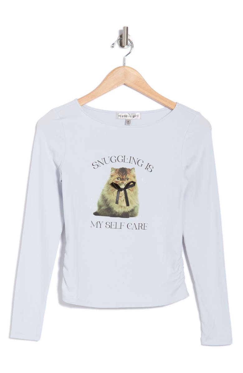 Madden Girl Side Ruched Long Sleeve T-Shirt, Alternate, color, Artic Ice Combo