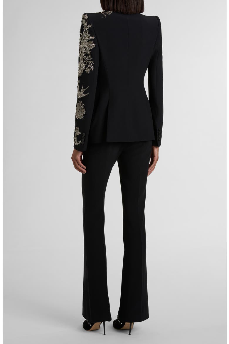 Tattoo Embroidery Peak Shoulder Crepe Blazer, Alternate, color, BLACK