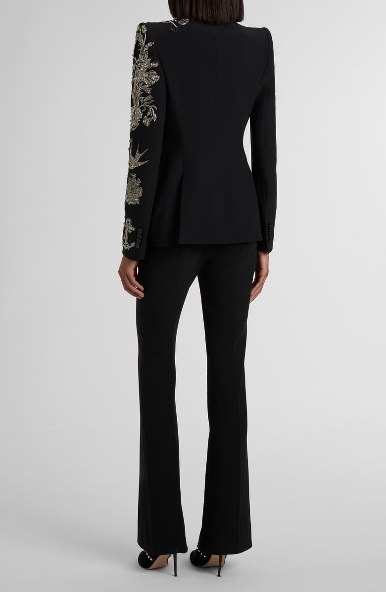 McQueen Tattoo Embroidery Peak Shoulder Crepe Blazer, Alternate, color, Black