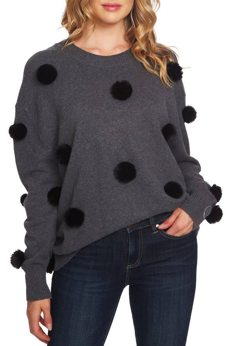 Pompom Pullover, Main, color, MED HEATHER GREY