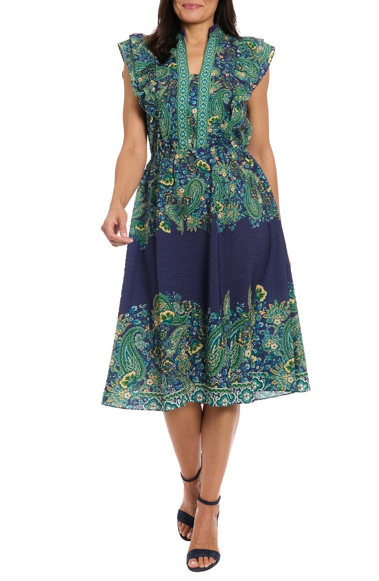London Times Ruffle Sleeve Midi Dress, Main, color, Navy/ Green
