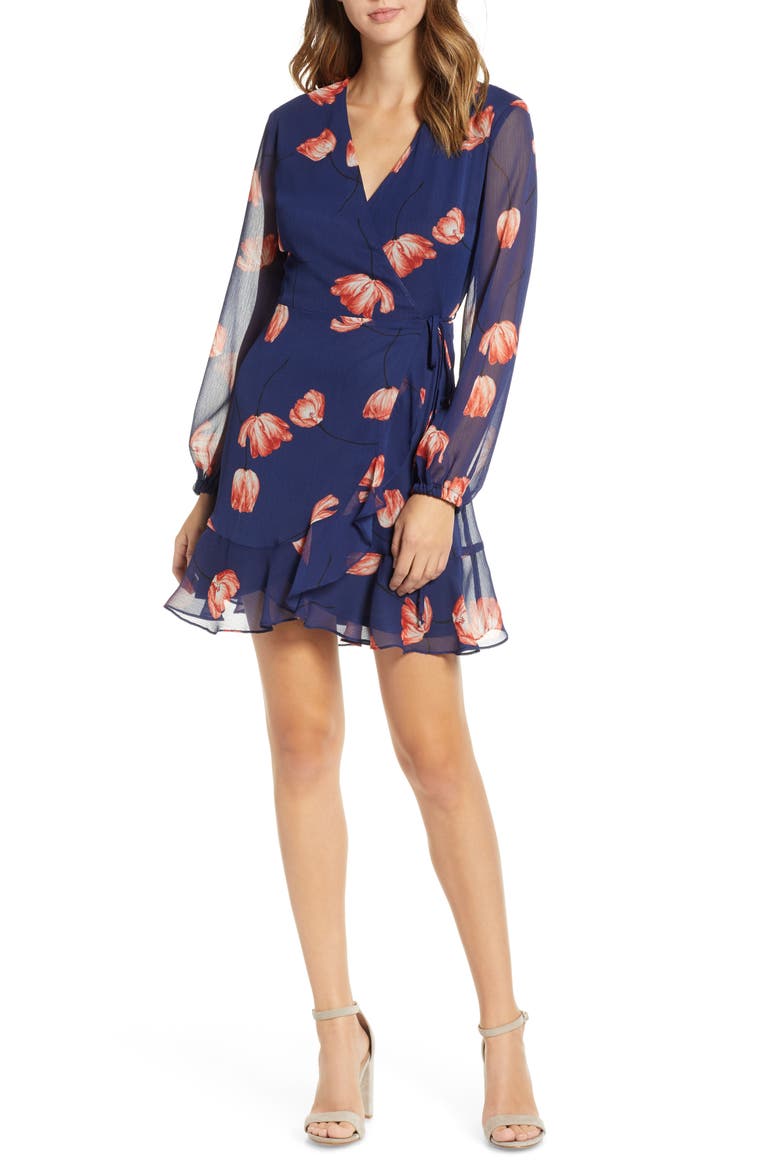Brittany Wrap Minidress, Main, color, BLUE BLACK FLORAL