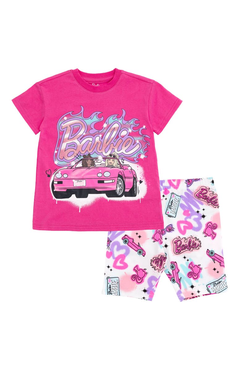 Barbie T-Shirt & Bike Shorts Set, Main, color, Hot Pink / White