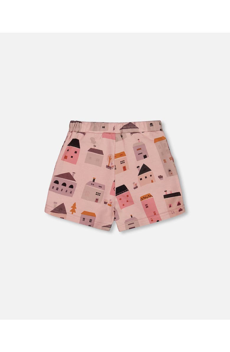 Deux par Deux Little Girl's Printed French Terry Short Pink And Coral Houses, Alternate, color, 