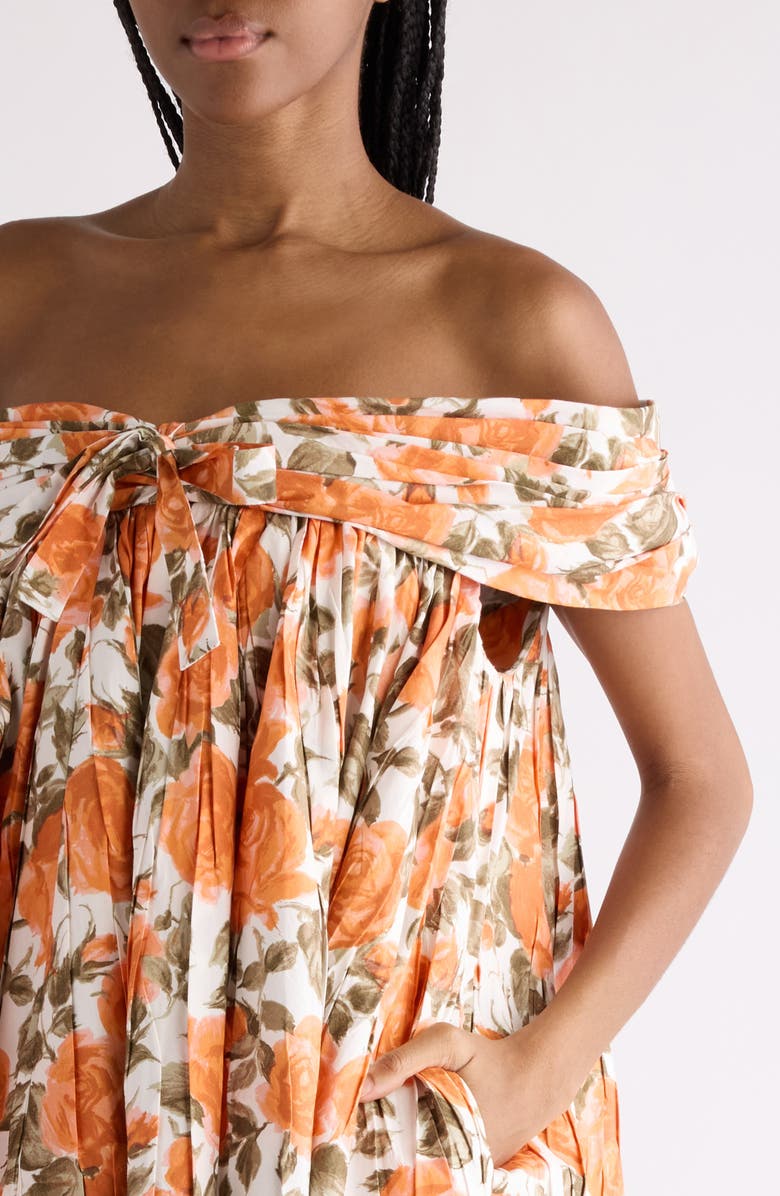 Chloé Rose Print Organic Cotton Poplin Babydoll Dress, Alternate, color, White - Orange 1