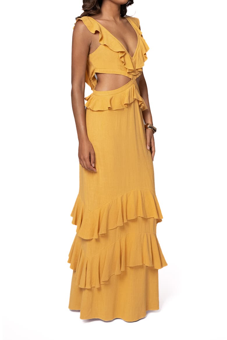Sunshine Cutout Ruffle Cotton & Linen Maxi Dress, Alternate, color, YELLOW