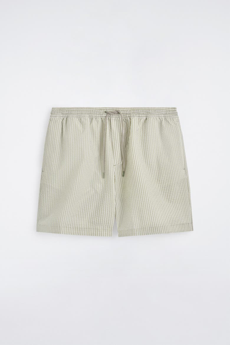 Striped Seersucker Drawstring Swim Trunks, Alternate, color, KHAKI / STRIPED