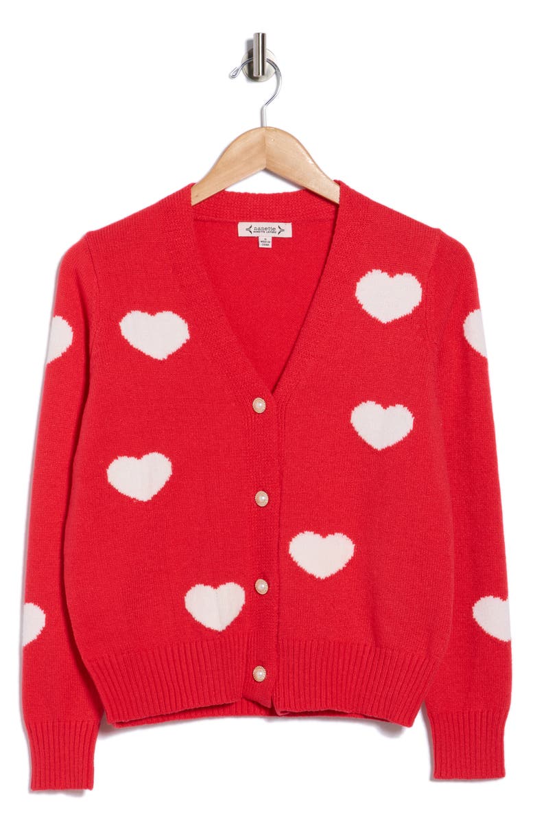 Nanette Lepore Heart V-Neck Cardigan, Alternate, color, Red/ White