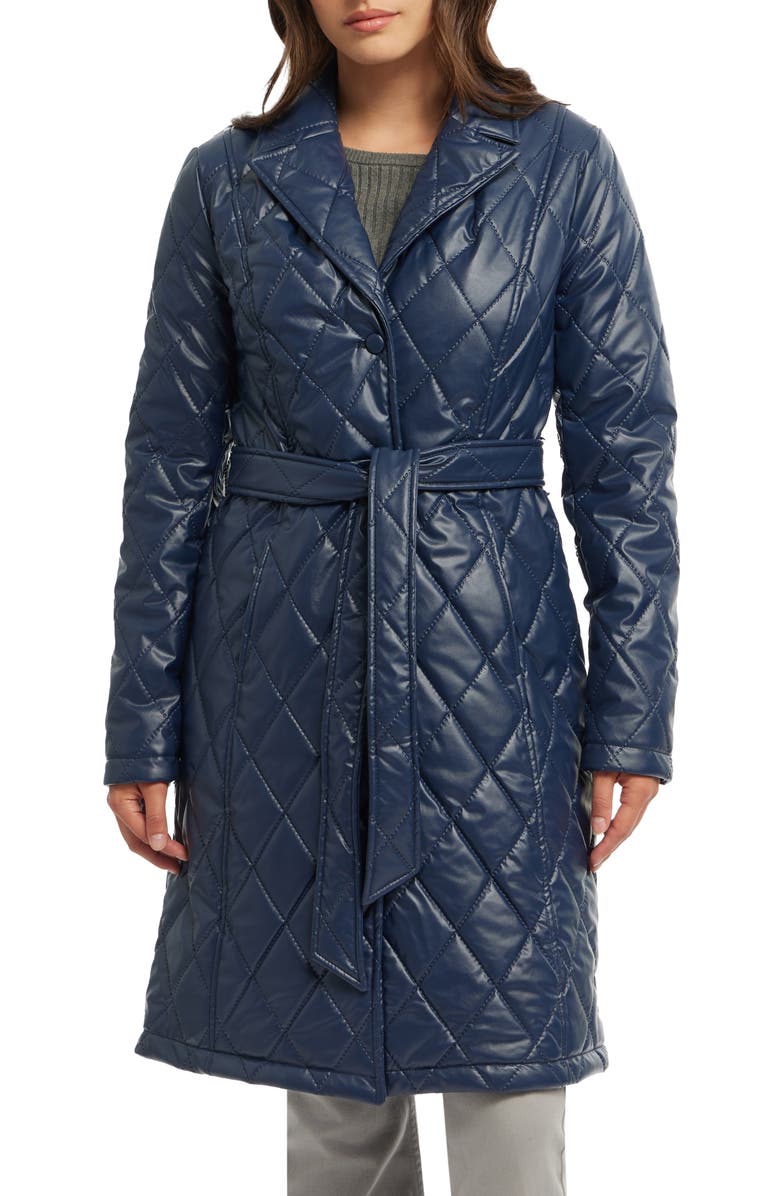 BADGLEY MISCHKA Quilted Faux Leather Trench Coat, Main, color, Navy