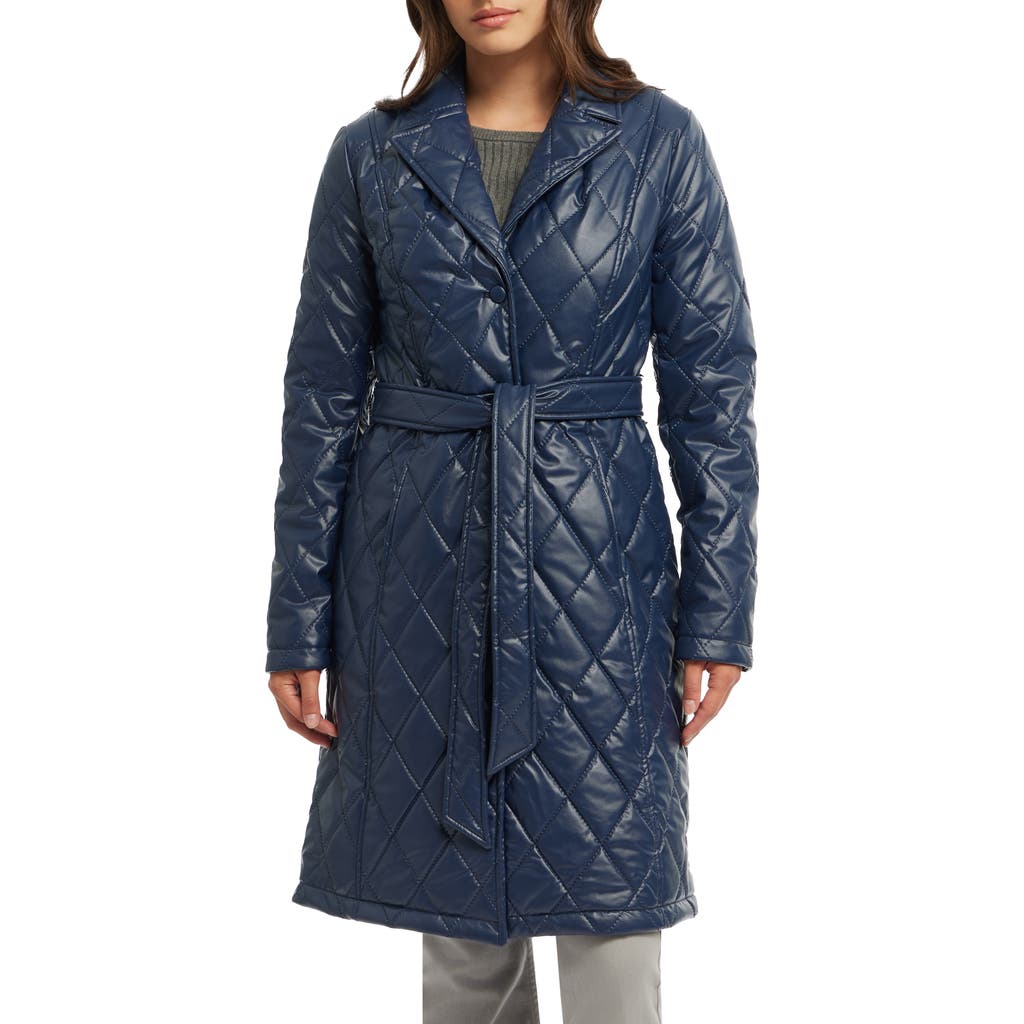 Badgley Mischka Quilted Faux Leather Trench Coat In Blue