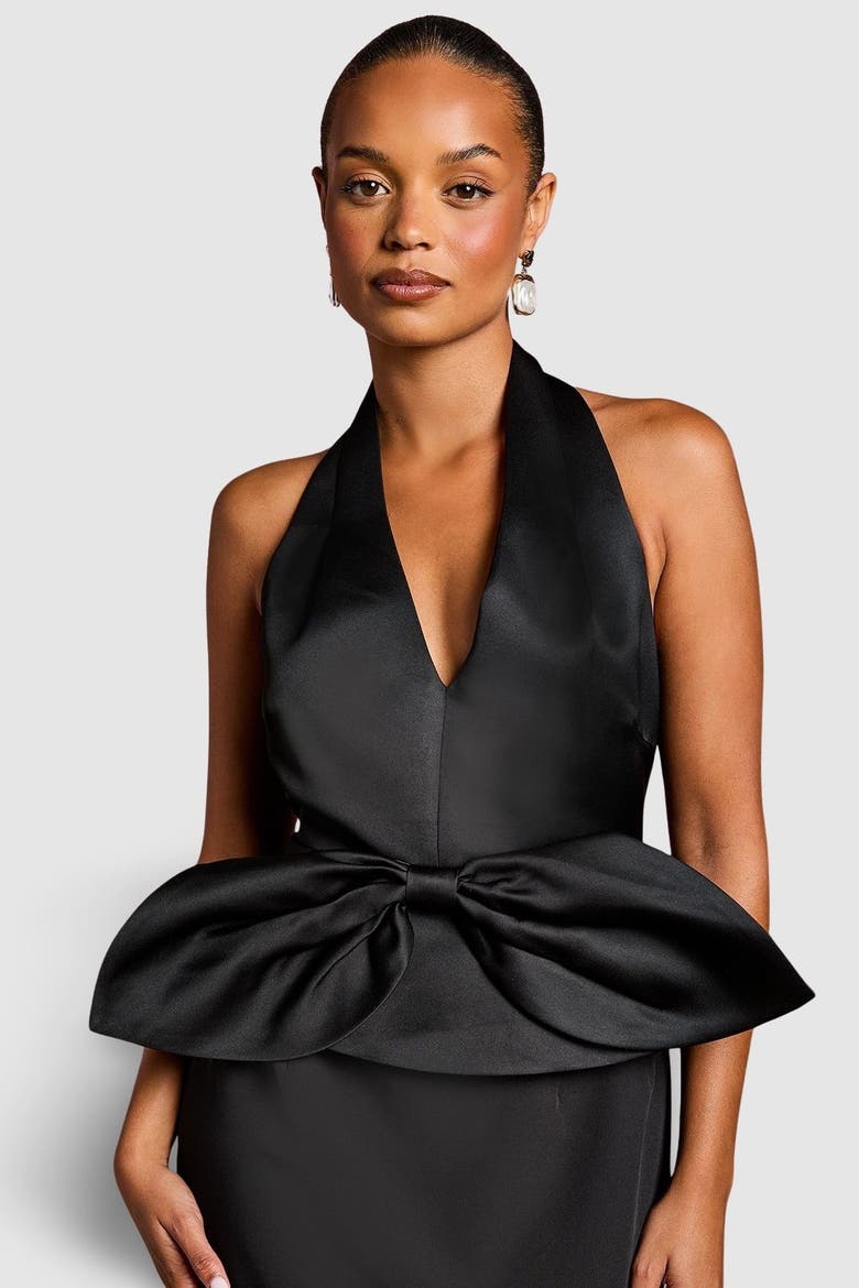 Petite Halter Satin Column Midi Dress, Alternate, color, Black