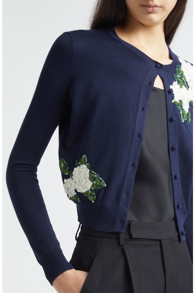 Rose Embroidered Appliqué Silk & Cotton Crop Cardigan, Alternate, color, MIDNIGHT