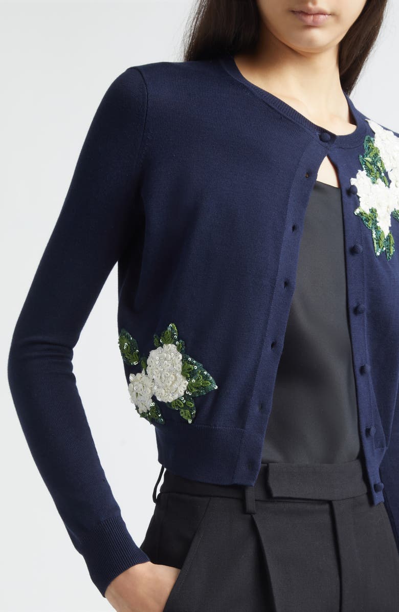 Carolina Herrera Rose Embroidered Appliqué Silk & Cotton Crop Cardigan, Alternate, color, Midnight