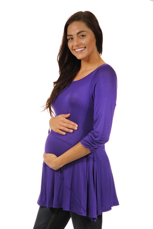 24seven Comfort Apparel Ruched Sleeve Swing Maternity Tunic Top In Blue