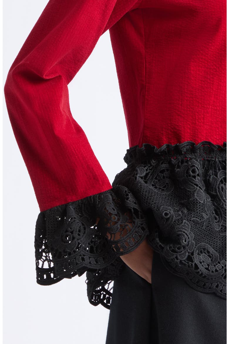 Ripple Corduroy Blouse with Lace Trim, Alternate, color, RED