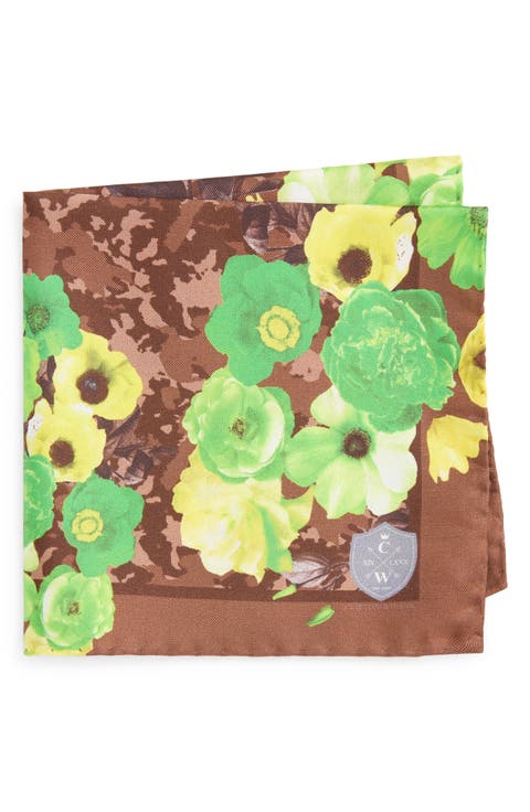 Green & Brown Floral Silk Pocket Square