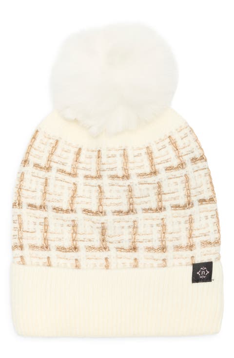 Tweed Knit Beanie with Faux Fur Pompom