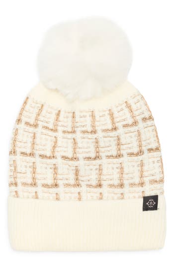 Nanette Lepore Tweed Knit Beanie With Faux Fur Pompom In Neutral