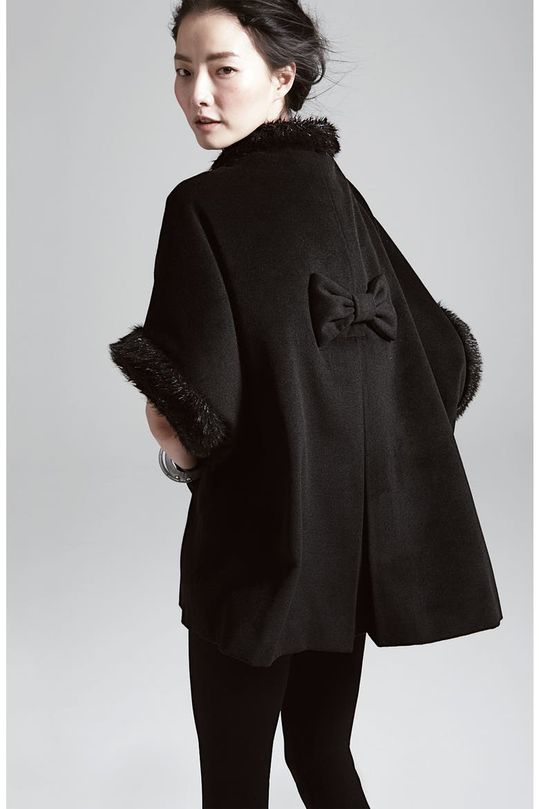 Faux Fur Trim Cape, Alternate, color, BLACK