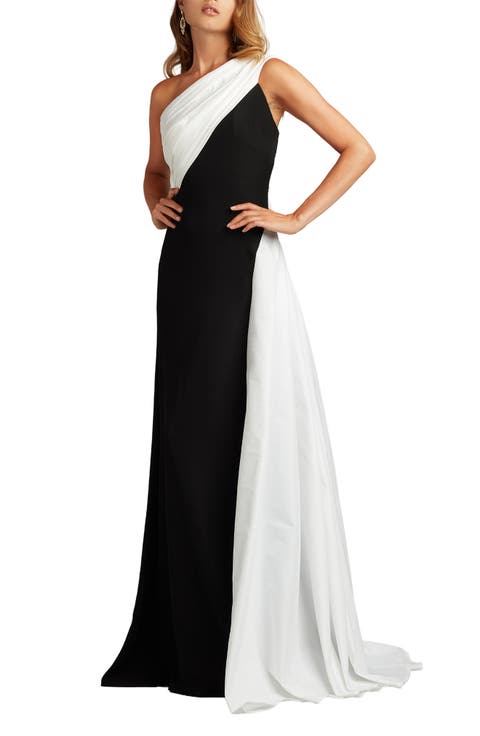 Taffeta Detail One-Shoulder Crepe Gown