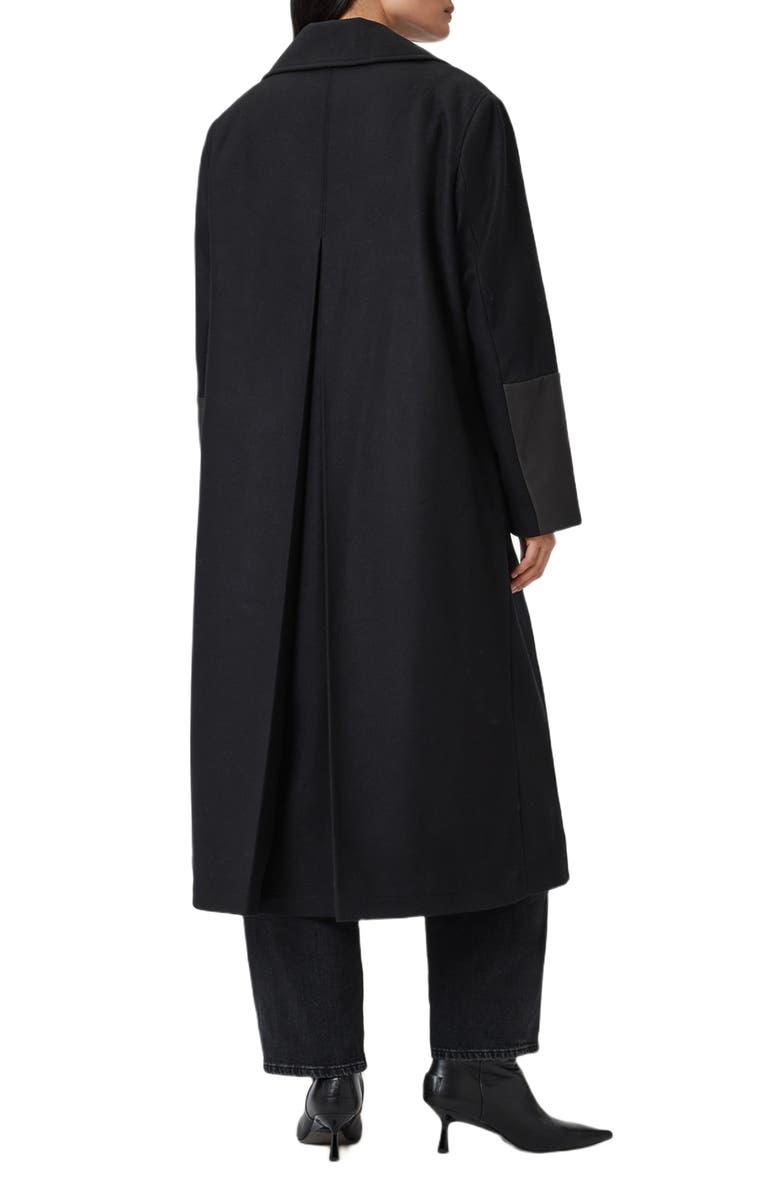 AllSaints Sellma Leather Trim Wool Blend Coat, Alternate, color, Black