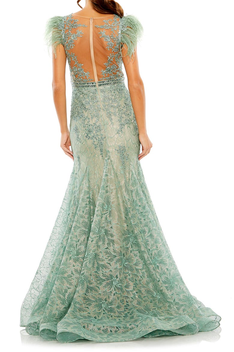 Embellished Feather Cap Sleeve Illusion Neck Trumpet Gown, Alternate, color, SAGE